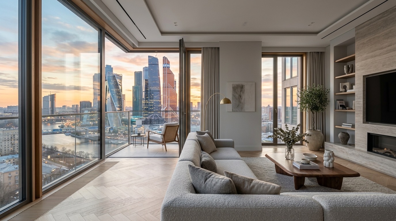 ЖК Плей — гостиная с видом на Москва-Сити