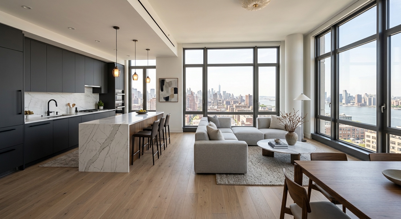 Гостиная с высокими потолками